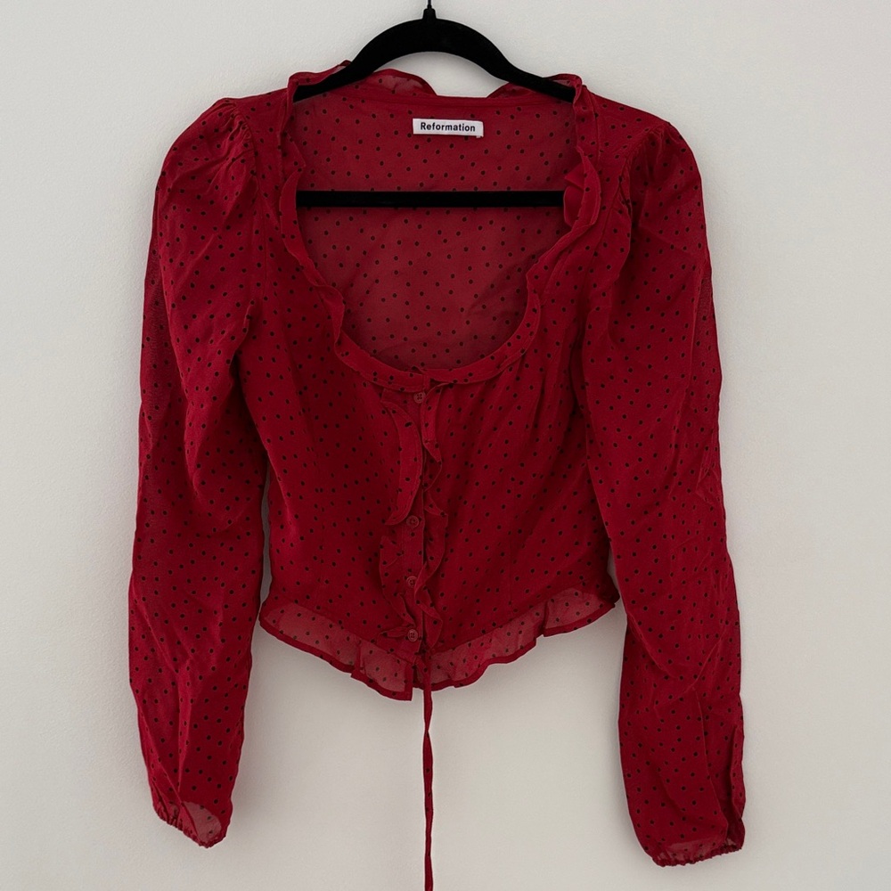 Reformation Scarlet Polka Dot Ruffle Blouse